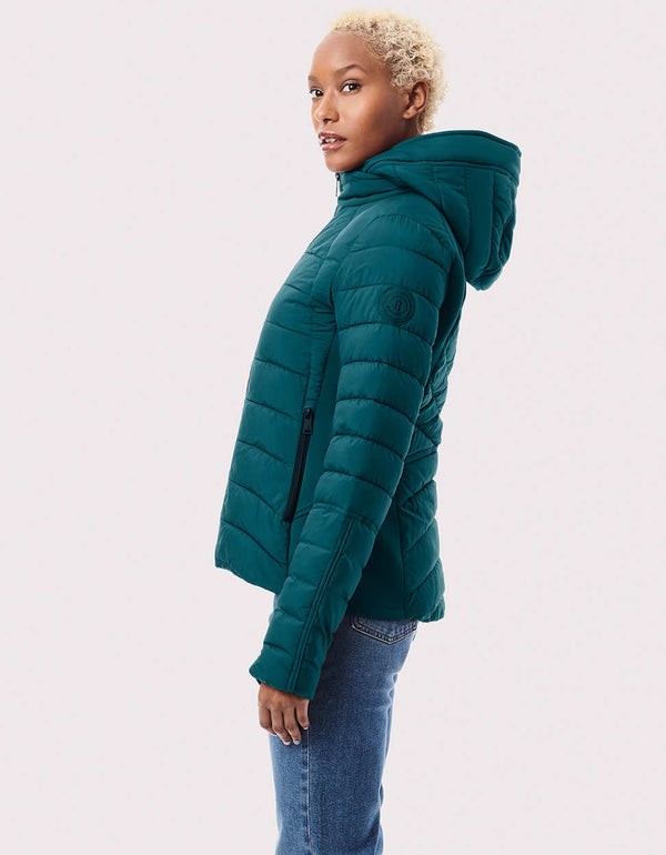 find a blue green hip length cute puffer jacket for women with good eco friendly insulation