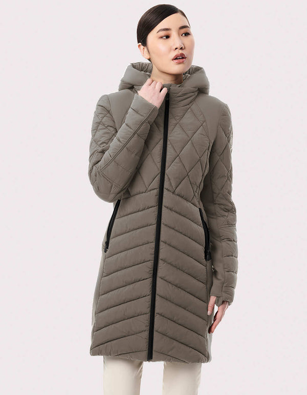 womens grey double up puffer jacket non bulk semi fitted and mid length fit perfect for fall and winter season 2023
