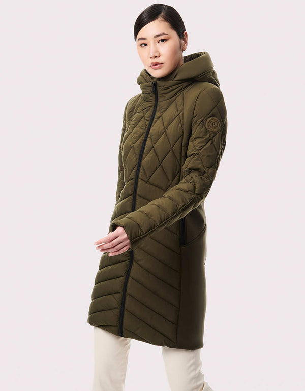 non bulk semi fitted puffer jacket for women in olive color made from polyester and recycled plastic bottles