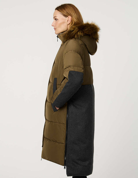 olive green classic wool combo puffer coat with fake fur trimmed hood and snap hand pockets