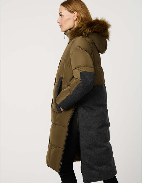 olive green classic wool combo puffer coat with fake fur trimmed hood and snap hand pockets