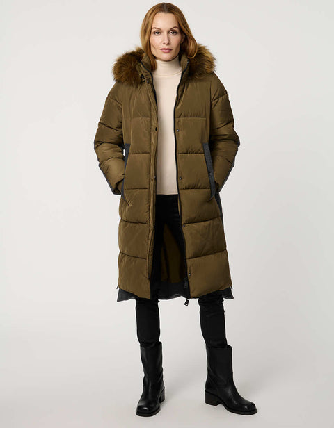 olive green classic wool combo puffer coat with fake fur trimmed hood and snap hand pockets