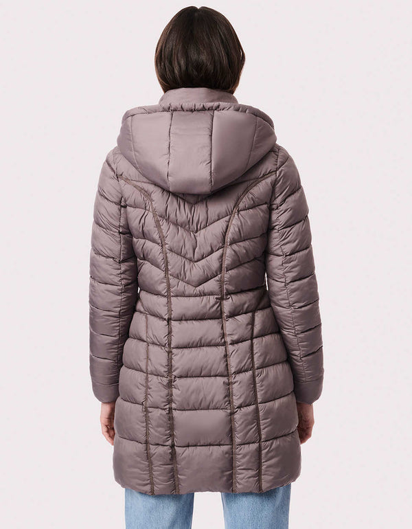 cruelty free classic hip length fit taupe puffer outerwear for women with a quilted and storm cuffs design