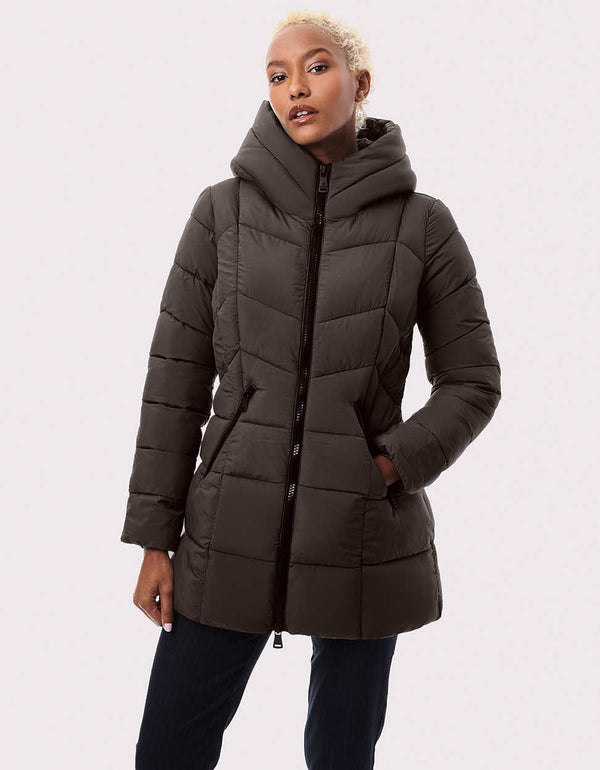 womens mid length quiled puffer jacket that warms without the extra bulk in a fun color design
