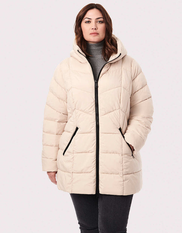 womens puffer jacket used as an urban outerwear is quilted and warm for winter in a slim fitting mid length silhouette