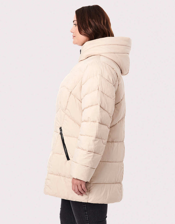 hooded puffer jacket for women with diagonal zipper hand pockets and horizontal tonal stitching