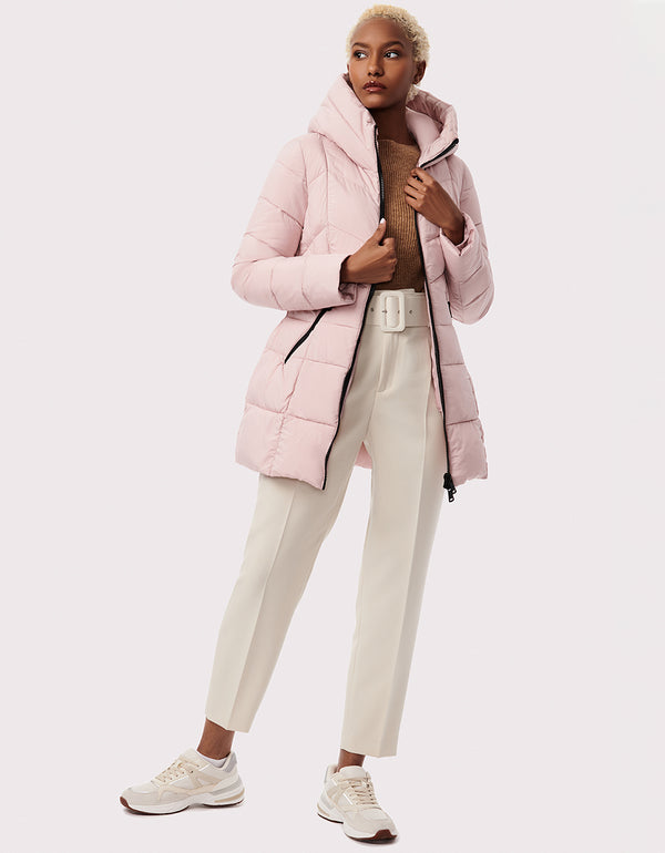 womens pink puff outerwear with black zippers for modern fashionistas in US and Canada 2023