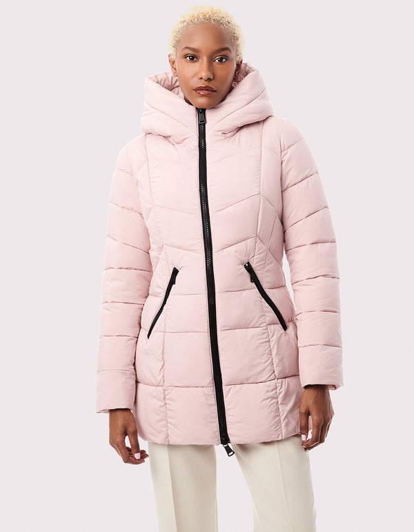 rose colored outerwear that is slim fit to the waist shoulders and sleeves for american ladies