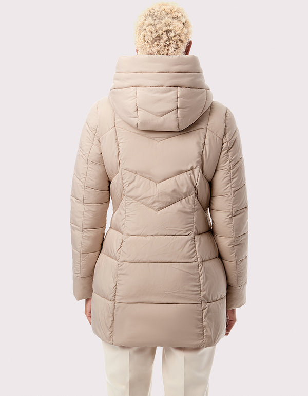 back view of elegant refined beige quilted puffer coats for versatile wear during chilly weather