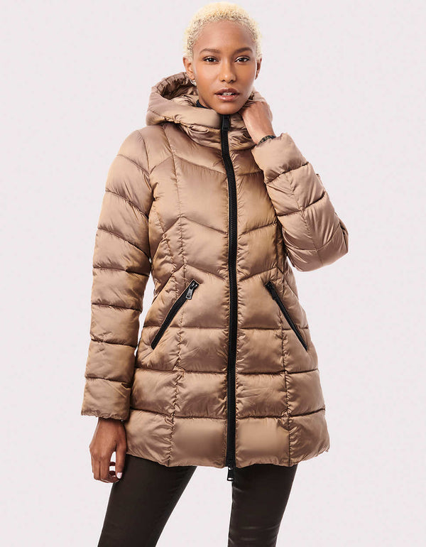 womens metallic funnel quilted puffy outerwear with a fully attached soft hood and diagonal zipper pockets