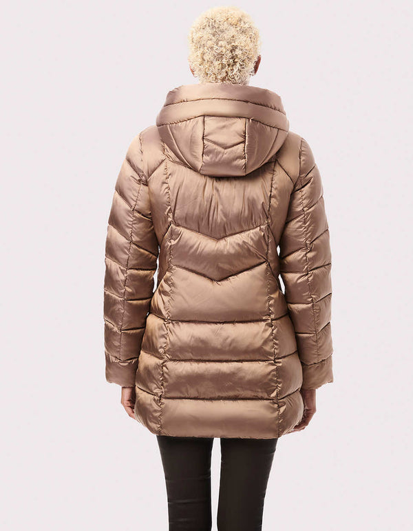 brown glossy puffy jackets for women made from bernardo ecoplume during winter or fall season