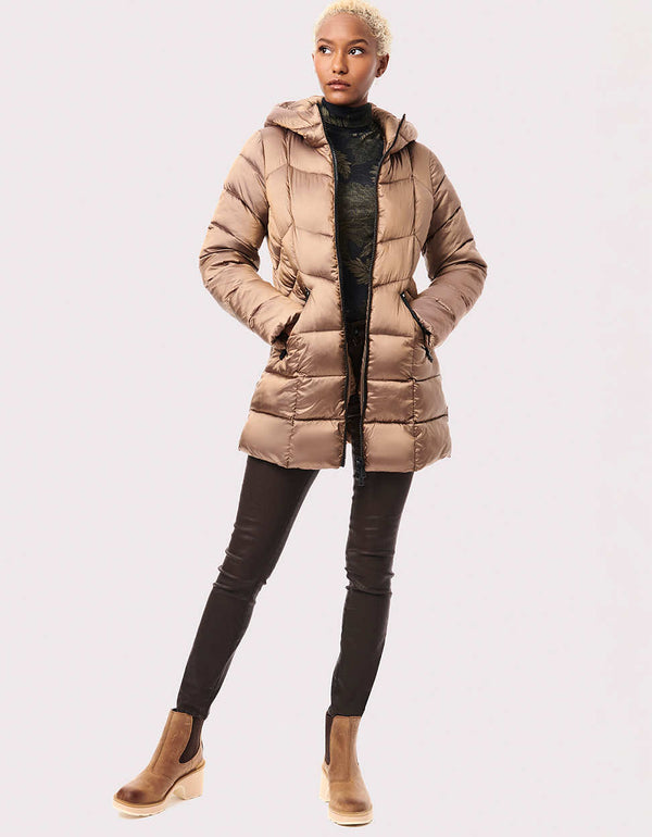 dramatic sustainable puffer jacket with removable hood and toning stitches for US and Canada women