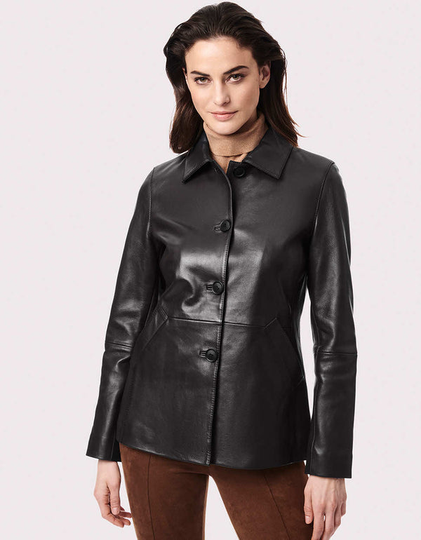 womens flattering jacket made from genuine leather with buttons and zippers on the sleeves