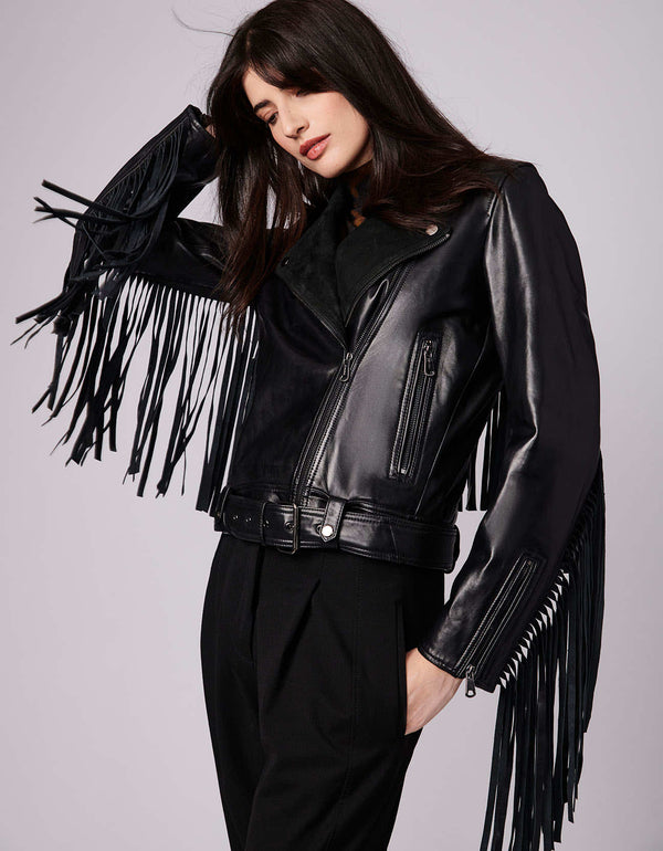 womens high quality fringe motorcycle jacket made from genuine leather bernardo exclusive