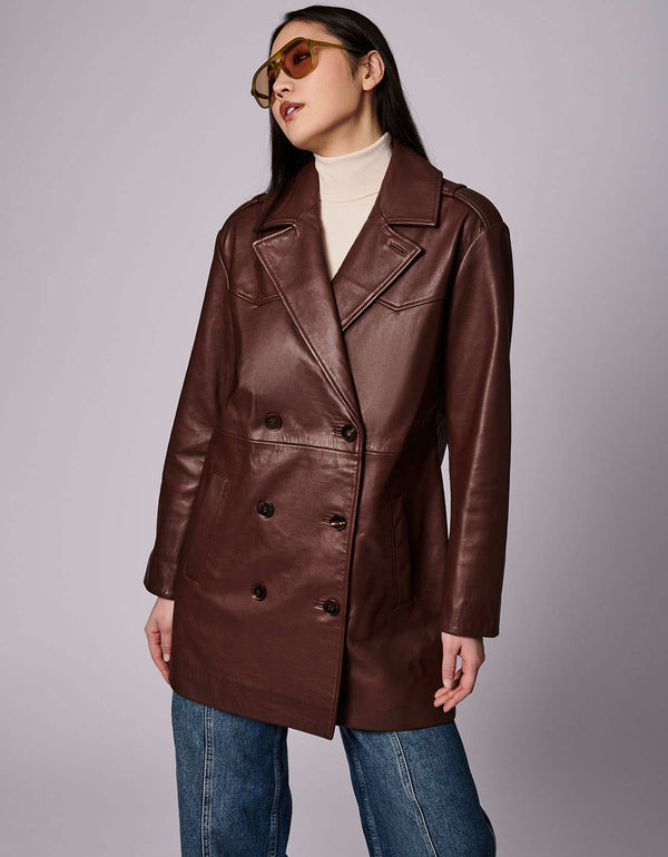 womens elegant and retro double breasted oversized brown jacket made from genuine leather