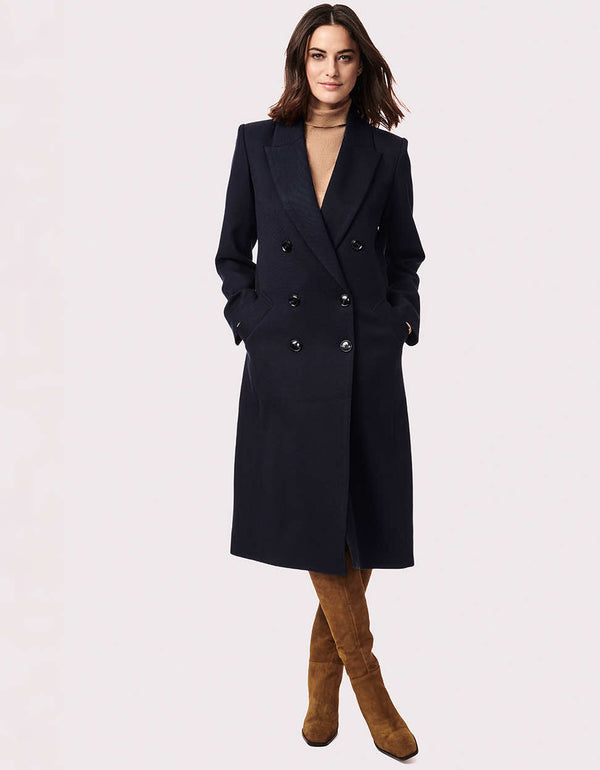 womens long vegal wool coat with double breasted menswear design and classic fit for comfort and roomier wear