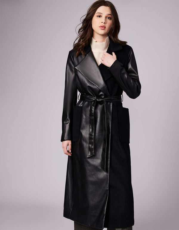 womens classic long leather belted long coat made with sustainable and animal free materials
