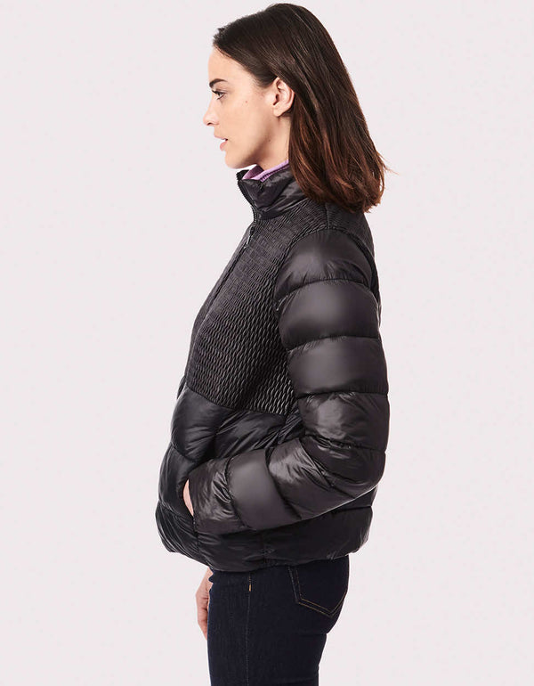 back to basics glossy padded black jacket for american women with invisible zipper pocket openings