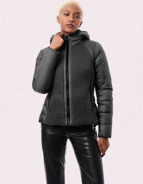 try this slim fit womens puffer jacket thats versatile with a zip off bib and removable hood