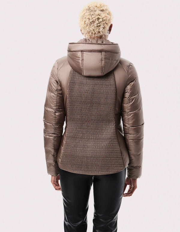 brown non bulk puffer jacket that has a removable hood and washer and dryer safe for women