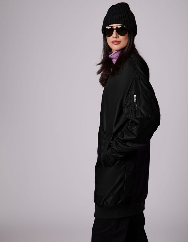 easy to care and washer safe black bomber outerwear made from pure recycled plastic bottles
