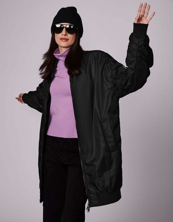 womens cool black bomber jacket with a two way zipper from capsule23 collection of bernardo outerwear