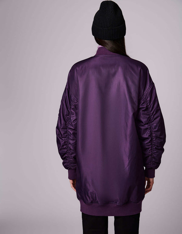 mid length size violet bomber outerwear with crumpled out sleeves and zipper sleeves for summer fall or spring
