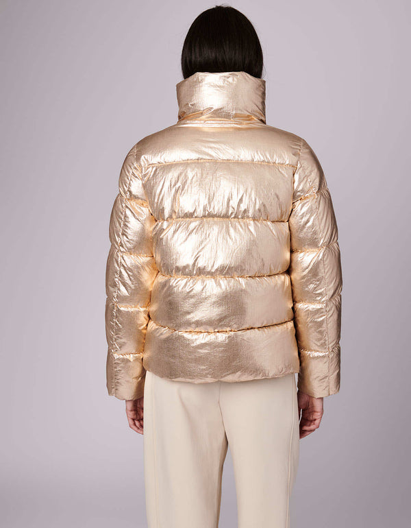 ladies winter jackets in color gold with a tall funnel collar made by an ecofriendly company in the US