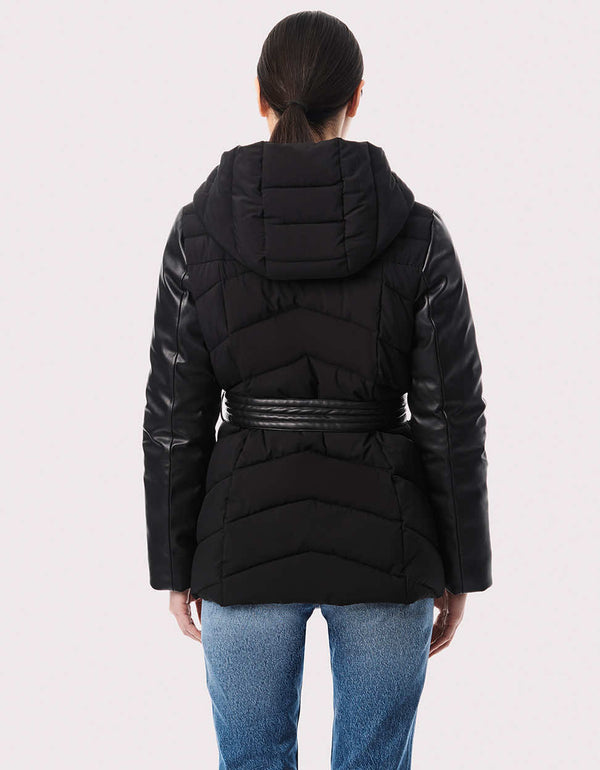 belted puffy jacket for women with ecoplume insulation zip off removable bib and asymmetrical zipper style
