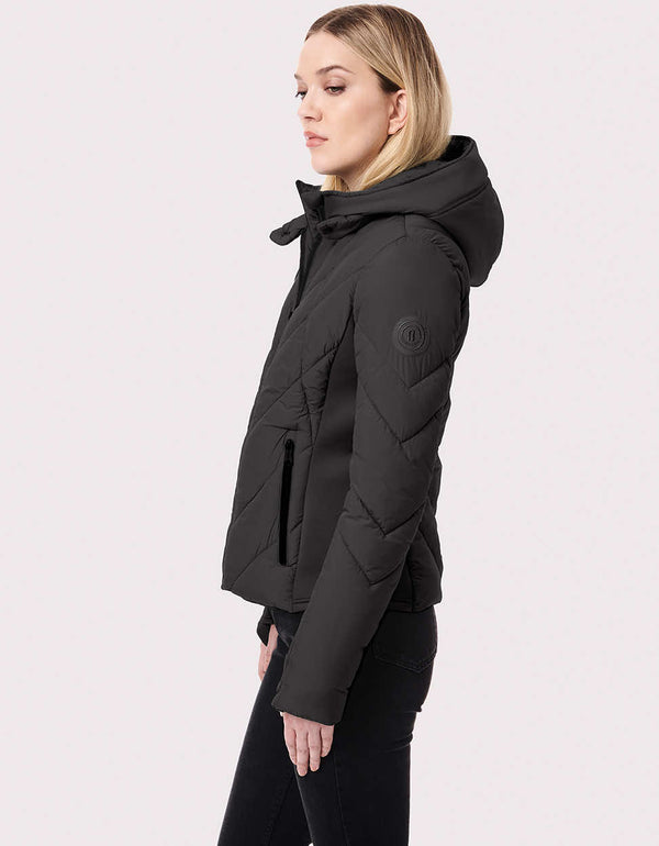 black slim fit puffer jacket with zipper and thumb holes for the fabric to stay still while moving