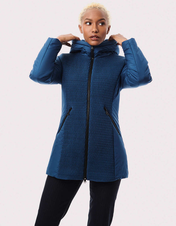 blue hooded puffer coat for women with cruelty free insulation and removable rib trimmed hood