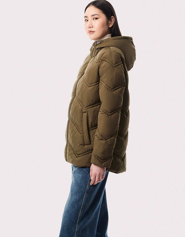olivia colored outerwear with a below the hip length made from a highly ethical store