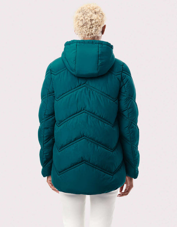 blue green puffer jacket for women that is durable and of high quality made by a trendy sustainable clothing brand