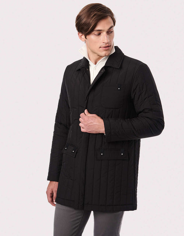 shop online winter puffer coats for men in black color and vertical quilted column design made from cruelty free design