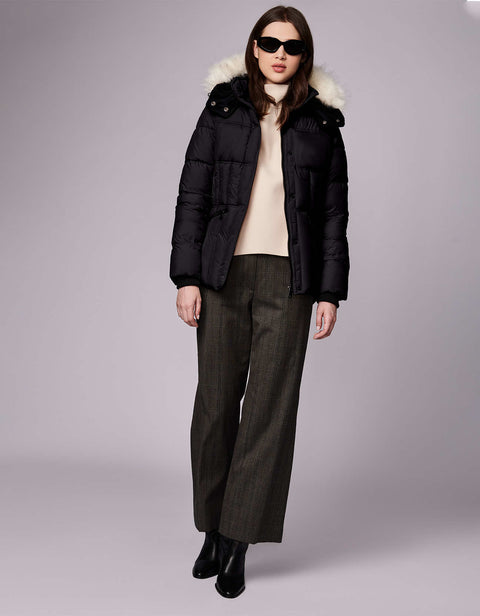 sustainable trim puffer jacket for women in a slim hip length fit design and casual day in denim