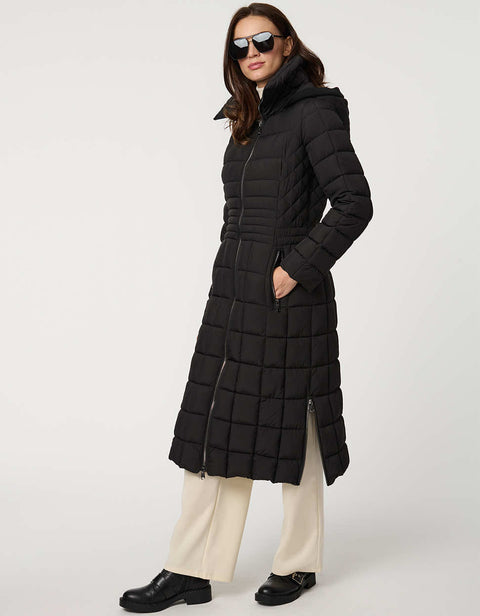 black long puffer coat with full zip up enclosure with quilted stitch design and a removable hood for women
