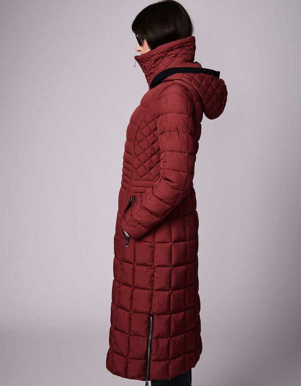 hooded long red puffer coat in a slim below the knee length fit for women in the United States