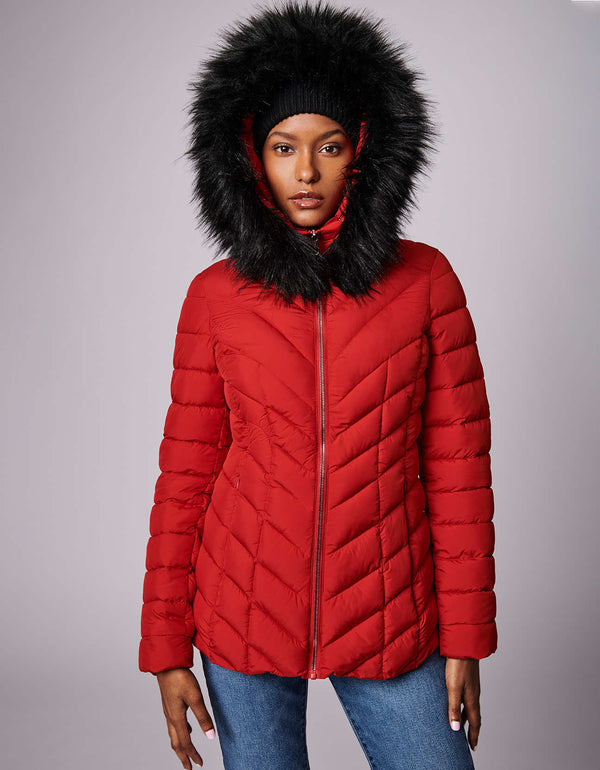 buy this womens puffer jacket has versatile sustainable style with detachable vegan fur trim on the hood Made from recycled materials
