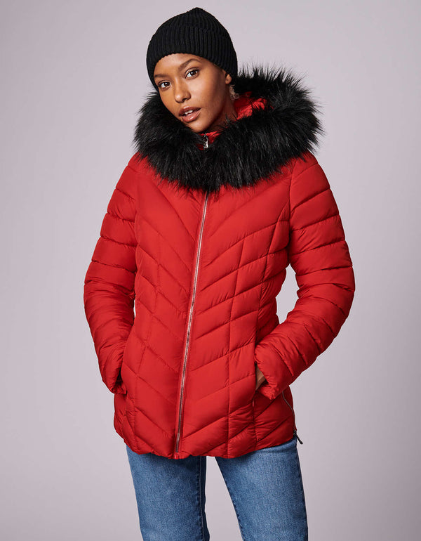 buy stylish winter wear for women with faux fur collar and quilted pattern design from Bernardo Fashions