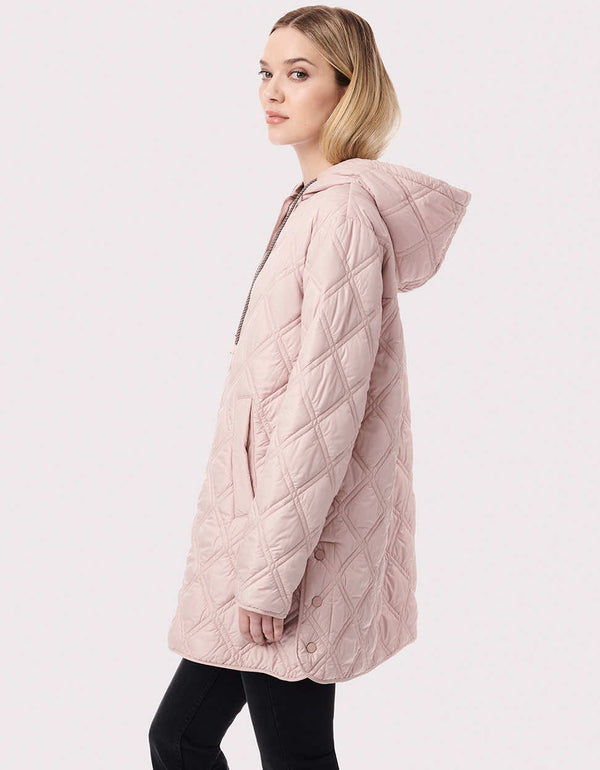 pink glossy relaxed fitting oversized packable puffer jacket with diagonal stitches and side seam openings