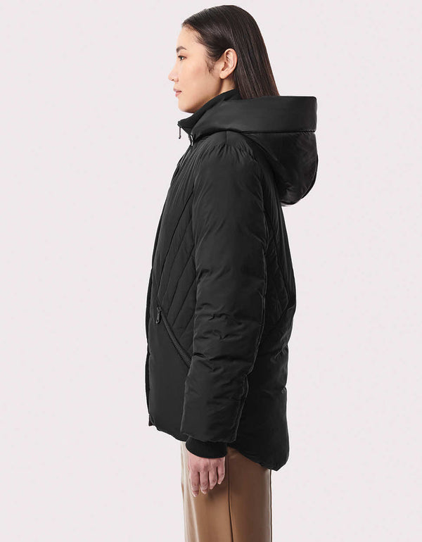 black puffer jacket for women in a semi fitted hip length fit made from recycled materials