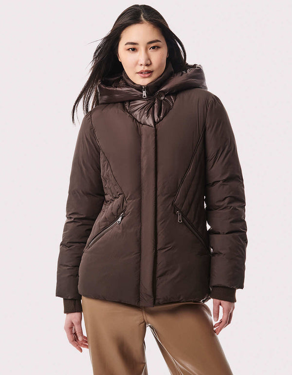 brown lightweight jacket for women that streamlines with quilting and has knit cuffs with thumb holes