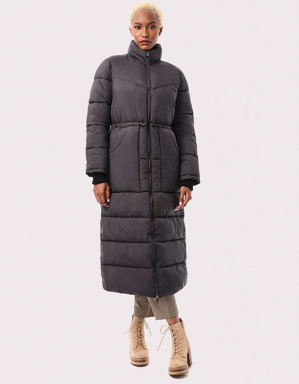 shop online long black puffer coat for winter wear for women with a semi fitted and streamlined design in the waist