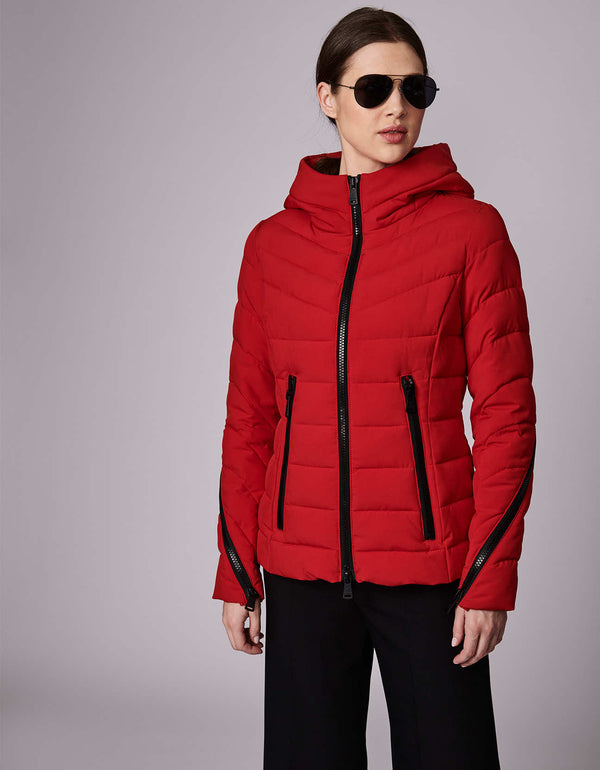 slim fit and hip length red puffer outerwear that can be worn from fall to winter without the extra bulk