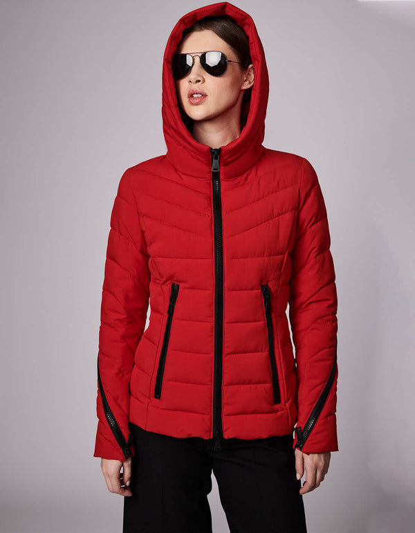 bernardo exclusive red puffer jacket for women with sustainable ecoplume insulation and funnel collar