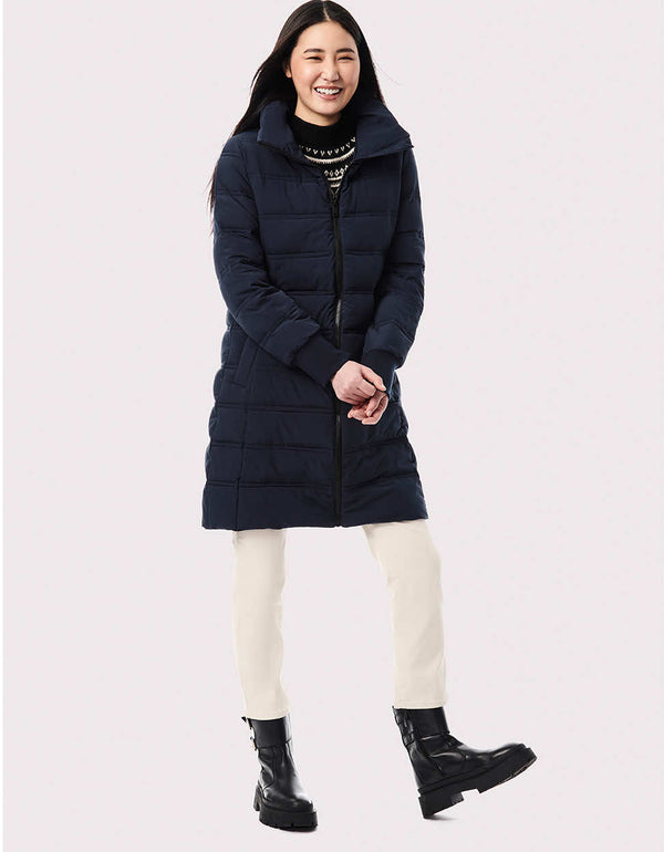 womens long navy winter coats and jackets made from ecofriendly sustainable outerwear company