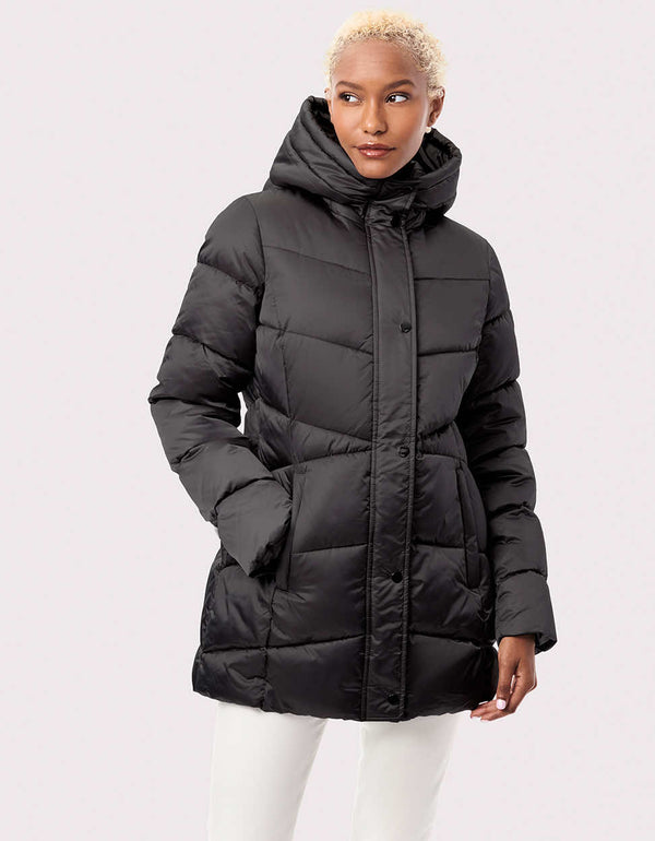 black bundle up puffer walker on sale for women with a quilted pattern and plush hood