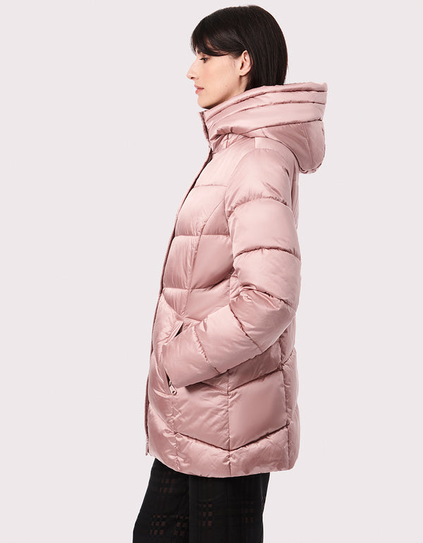 hooded puffer walker in pink that is water resistant and has sustainable insulation made from recycled plastic bottles
