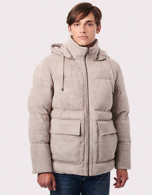 buy this winter puffer jacket for men has sustainable style with Ecoplume insulation versatility with a zip off hood and utility with 4 pockets