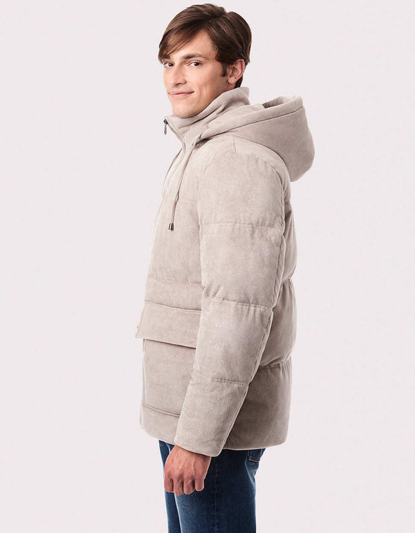 gray utility puffer jacket for men with signature ecoplume insulation for sustainable style